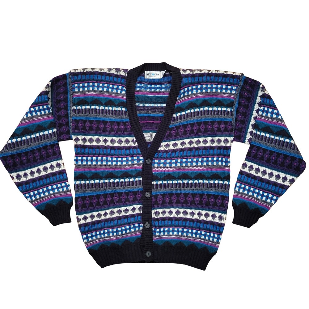 New Era L Cardigan Sweater Purple Blue Geometric 90s Vintage V Neck USA Grandpa